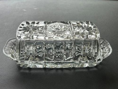 Vintage Anchor Hocking Star of David Cut Glass Butter Dish with Lid  (Mint)