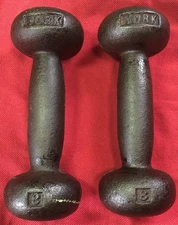 Antique YORK Set Of Two 3 Pound Bun Head Cast Iron Dumbbells