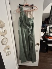 azazie off the shoulder matcha dress