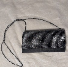 Black Silver Beaded Satin Evening Clutch Bag with Chain Strap