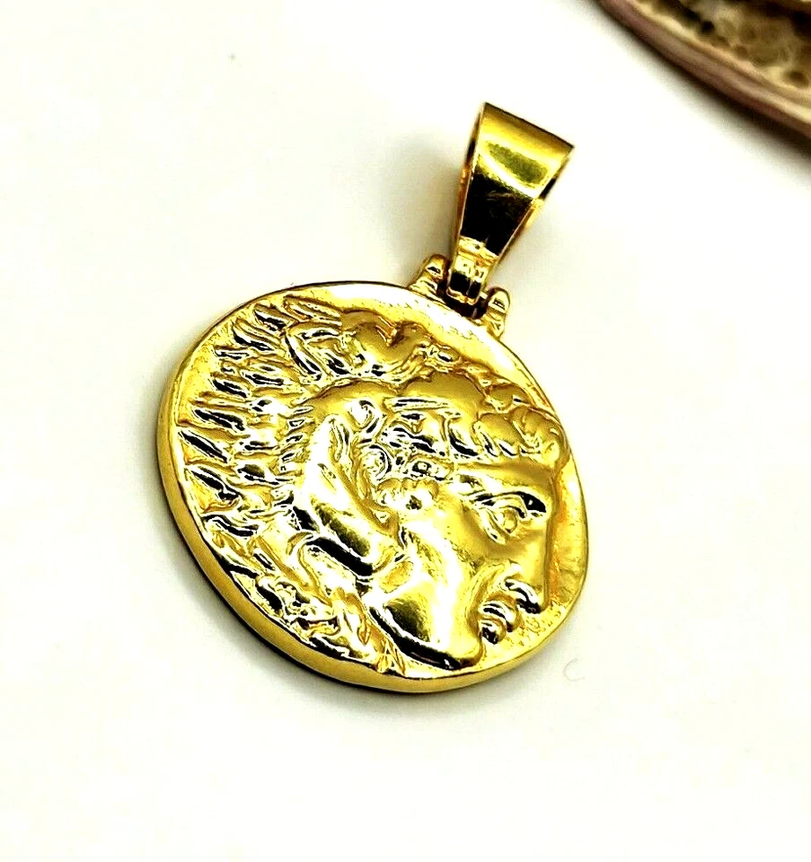Colgante antiguo griego Alejandro Magno moneda plata de ley 925 chapado en oro Foto 3 de 4