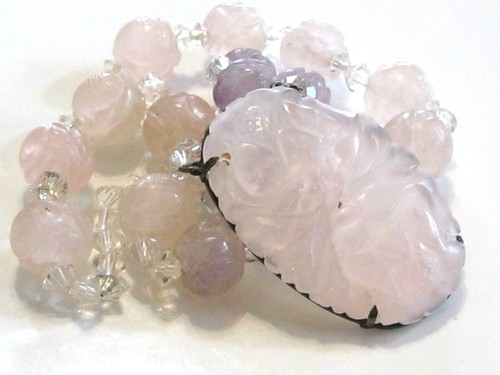 ANTIQUE ASIAN CHINESE CARVED SHOU BEAD ROSE QUARTZ & AMETHYST STERLING NECKLACE
