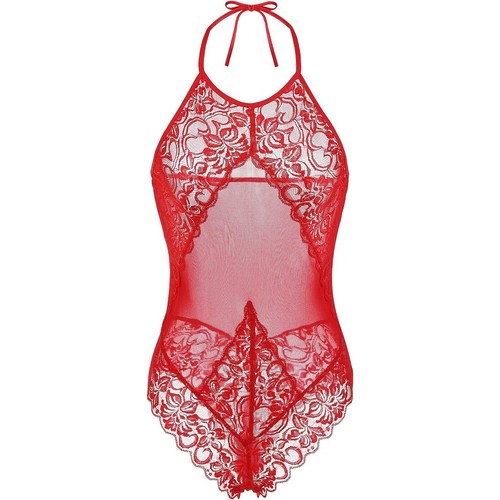XSPICE Damen Spitze Body High Neck einteilig Neckholder Teddy Dessous (S/M, rot) - Bild 3 von 8