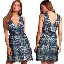 NWT Lulus Forever My Love Navy Blue Crochet Lace Skater Dress Size Medium.