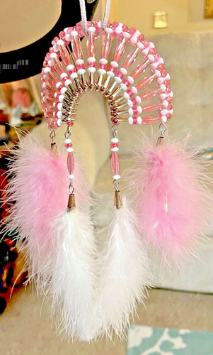 Native American Beaded Indian Headdress with Feathers Hand Made White and Pink - Picture 7 of 7