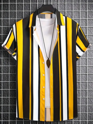 Fashion Yellow Black Color Block Striped Men Short Sleeve Lapel Hawaiian Shirt