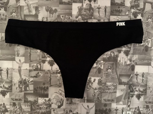 Neu mit Etikett Victoria's Secret PINK nahtloser dehnbarer Tanga Höschen reines Schwarz Small - Bild 1 von 2