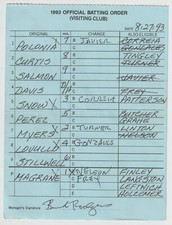 8-27-93 Game 2 - California Angels Game Used Umpire Lineup Card - Tim Salmon