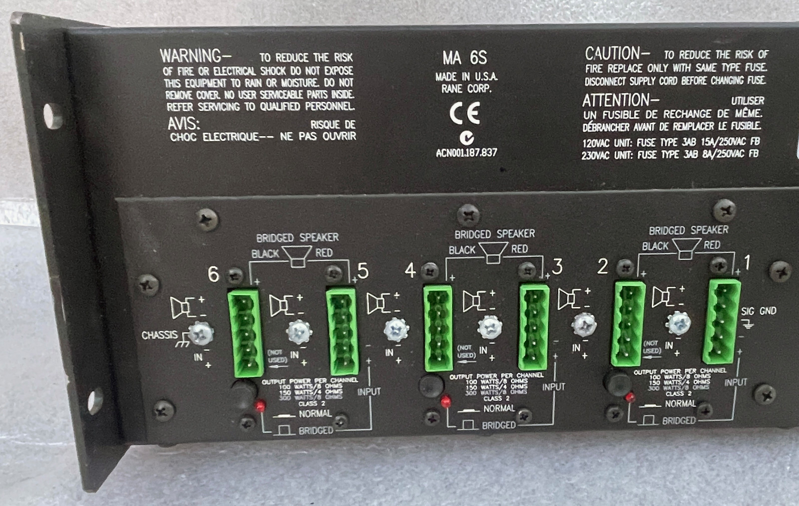 Rane Model MA 6S MA6S Professional 6Channel Rack Mount Power Amplifier