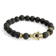 Lava Stone Natural Stone Bracelet With Gold Hand of Hamsa Reiki Healing Boho