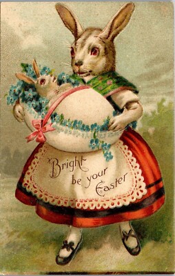 Easter Postcard Anthropomorphic Dressed Mother Rabbit with Baby Cradle Fantasy