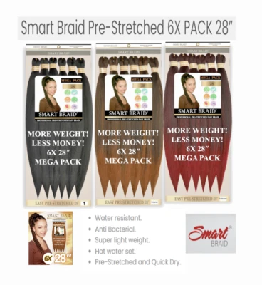 Smart Braid 6 Pack 28" Pre-Pulled Ultra Pre-Stretched Braiding Hair for Plaits