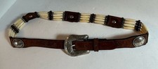 VTG Tony Lama Western Concho Faux Bone Beads Leather Belt Metal Buckle Sz Sm 28