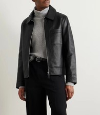 Black Spread Collar Racer Motorcycle Biker Real Leather Jacket For Men