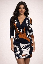 Diane von Furstenberg DVF Stretch Silk Dress 4 Blue Brown Ivory Dolman Sleeve