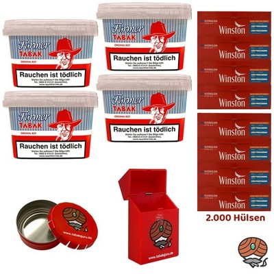 Farmer Original Rot Pfeifentabak Eimer 4x 240g, Winston Extra Hülsen, Zubehör