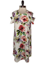 RONNI NICOLE Size 10 Shift Dress White Purple Pink Floral Cold Shoulder Stretch
