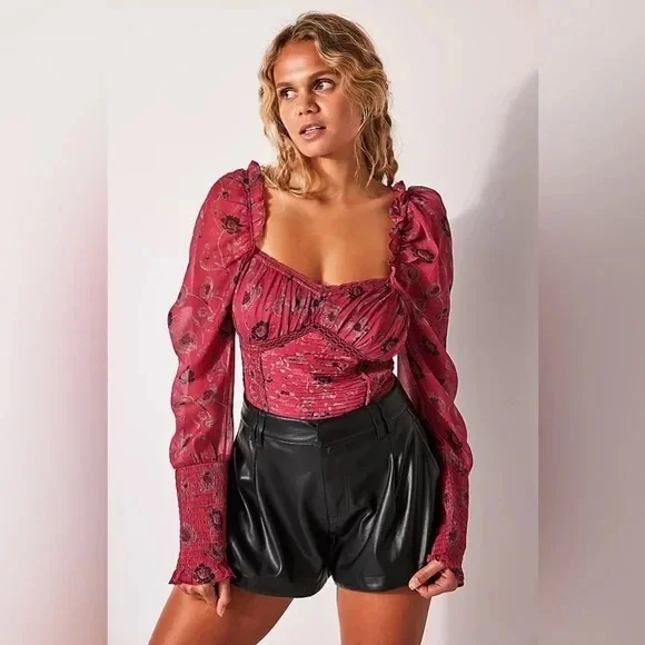 Free People | Brunch Date Floral Print Long Sleeve Bodysuit Red Combo XS