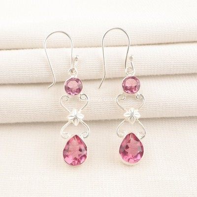 925 Silber Herz Chakra Birne Natürlich Rosa Turmalin Ohrhänger Sister Ohrringe
