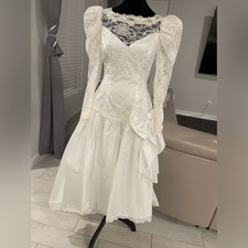 Vintage 90s puff Sleeve victorian cottage tea length bow lace Wedding Gown 12