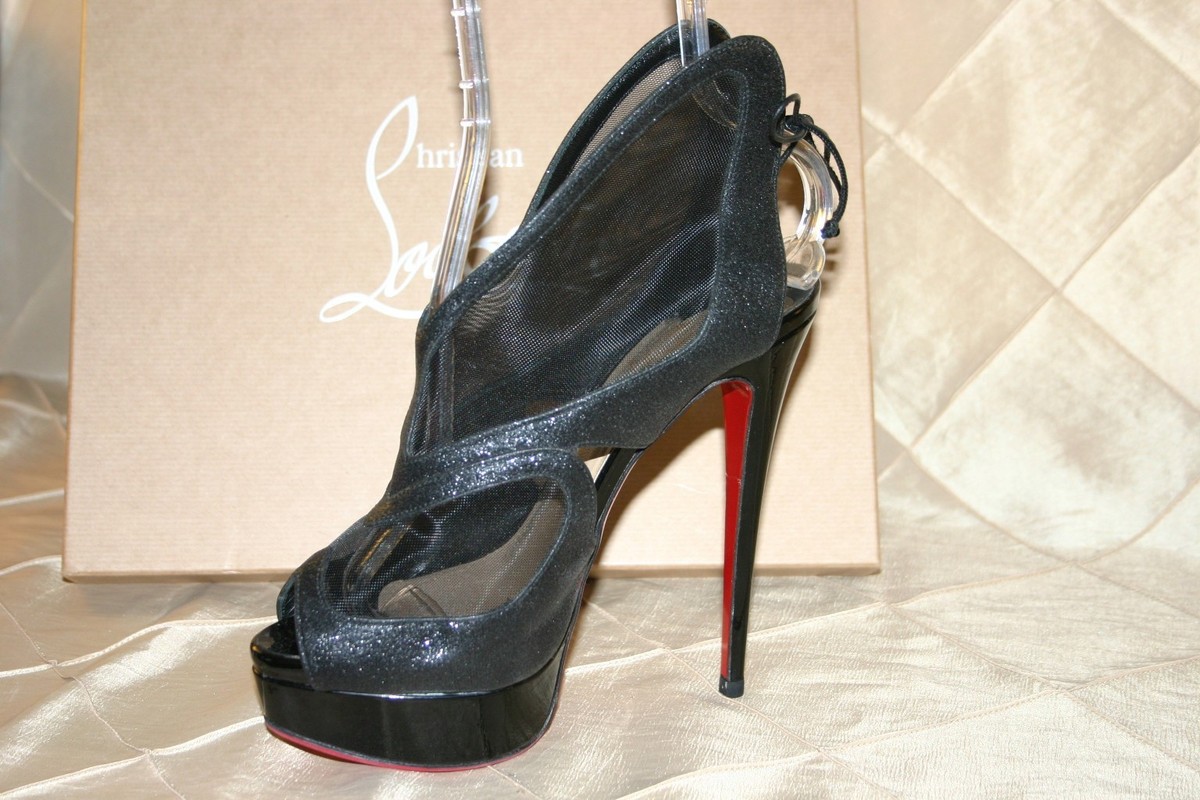 CHRISTIAN LOUBOUTIN BLACK GLITTER FARFAMESH 150MM HEELS SZ 39.5