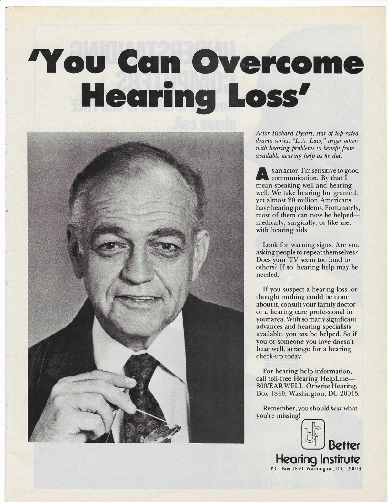 Richard Dysart  Better Hearing Institute  Original Print Ad