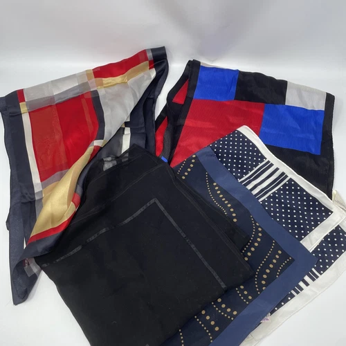 Lot 5 Casual Corner 100% Silk Scarves Blue Black Red Color Block Polka Dot Scarf
