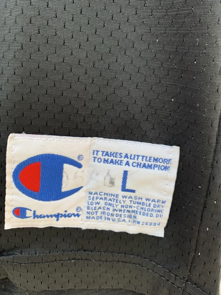 Camiseta de fútbol vintage Champion #12 rayas negras rojas hechas en EE. UU. malla L #Z64 Foto 2 de 4