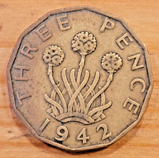 1942 King George VI Threepence 3d coin - F.