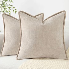 Chenille Soft Throw Pillow Covers 16x16 Set of 2, 16" x 16" Pack of 2 Beige