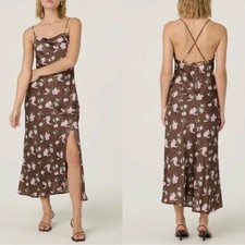 ASTR The Label Brown & Pink Floral Cowl Neck Midi Satin Slip Dress Small NEW