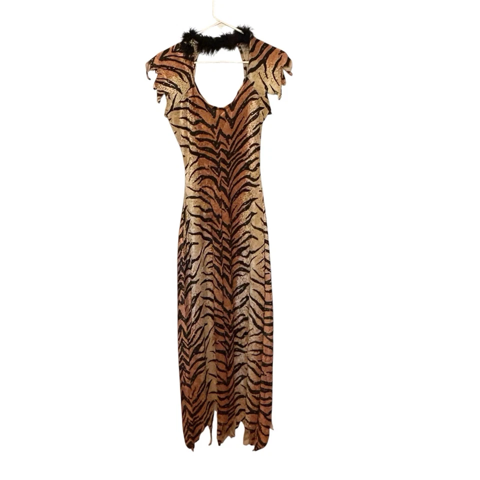 Women’s Tiger Print Dress Feather Trim Costume Cavewoman Size Small - Image 3 of 4