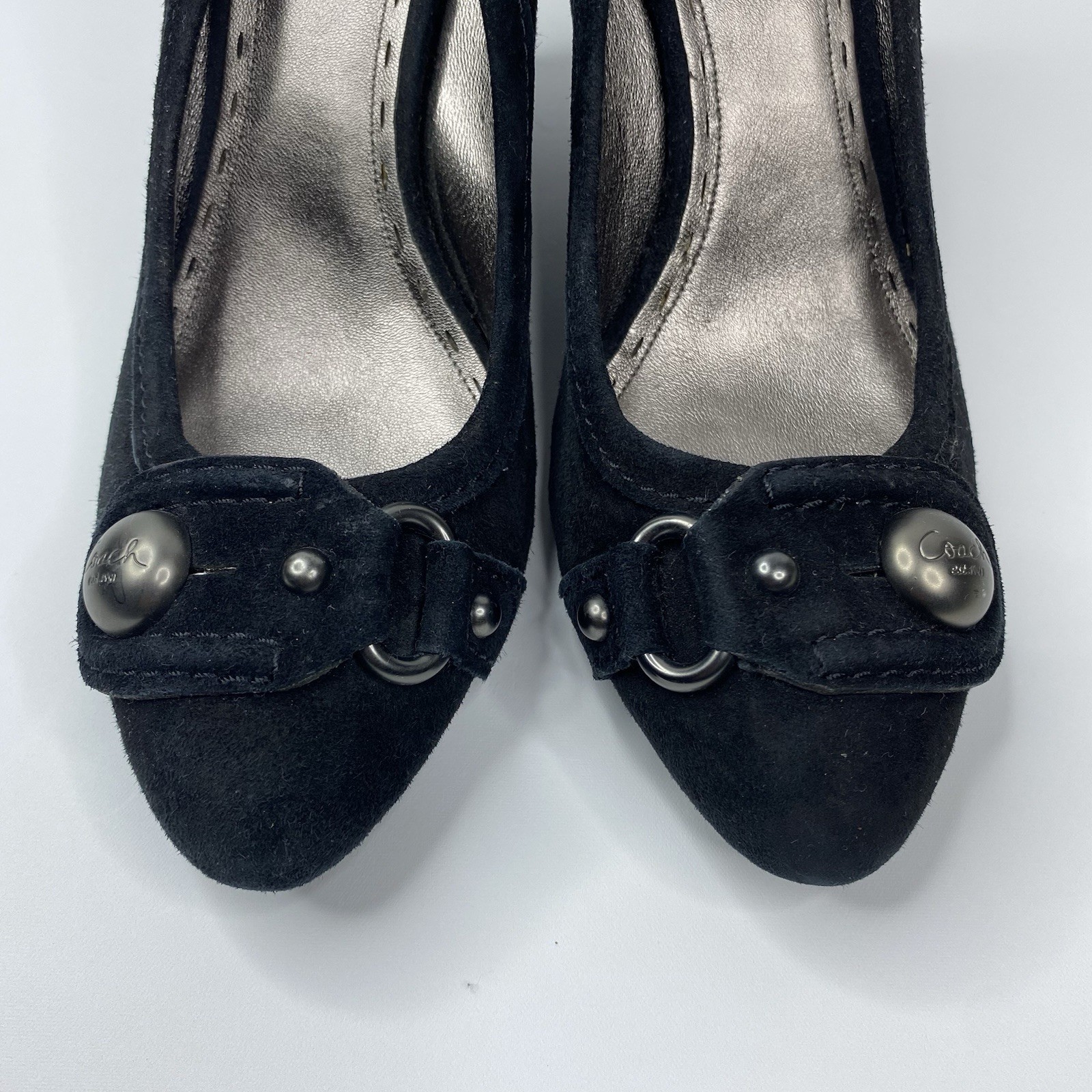 COACH Laney Black Kidsuede Wedges Logo Button Slip-On Pump Heels Size 10B Women thumbnail 5