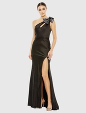 Mac Duggal 68100 Sz 12 Black Satin One Shoulder Embellished Trumpet Gown $398