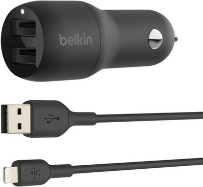 Belkin 24W Dual USB A Ports Car Charger with MFi-Certified Lightning Cable
