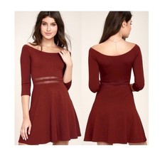 Lulus Yes To The Mesh Skater Dress Off Shoulder Wine Color Women’s Medium