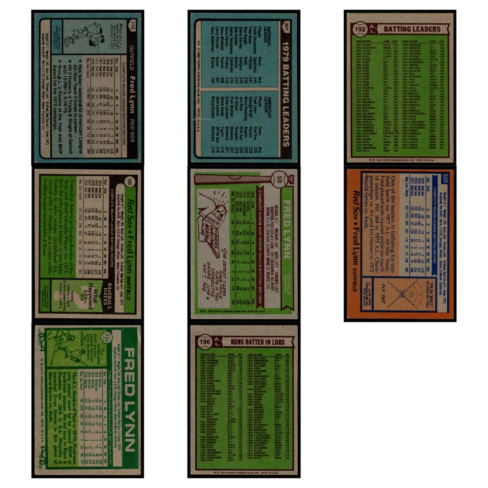 Lote de 8 tarjetas de béisbol Fred Lynn 1980 Topps Boston Red Sox conjunto colección MLB EN MUY BUENA CONDICIÓN Foto 2 de 4