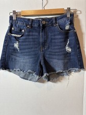 INDIGO REIN Womens Dark Blue Denim Distressed Frayed Hem High Waist Short/sz:7