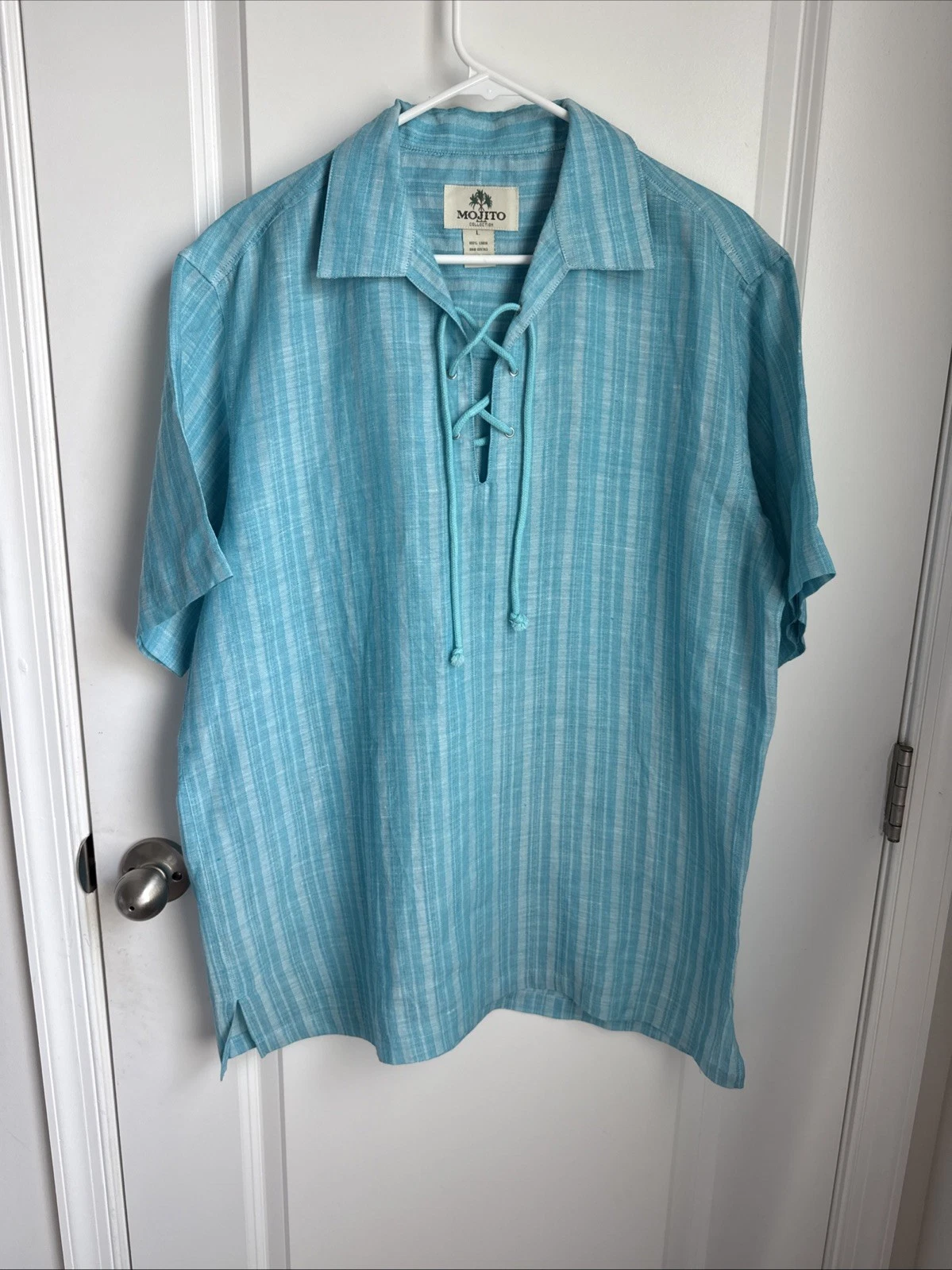 Mojito Collection Men’s 100% Linen Shirt Aqua Blue With White stripes EUC Size L