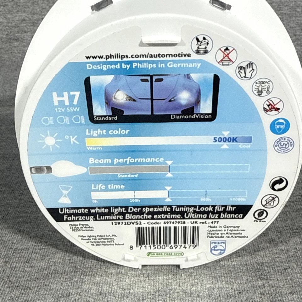 Philips DiamondVision H7 bombillas halógenas para faros 12972DVS2 5000K paquete de 2 Foto 4 de 4