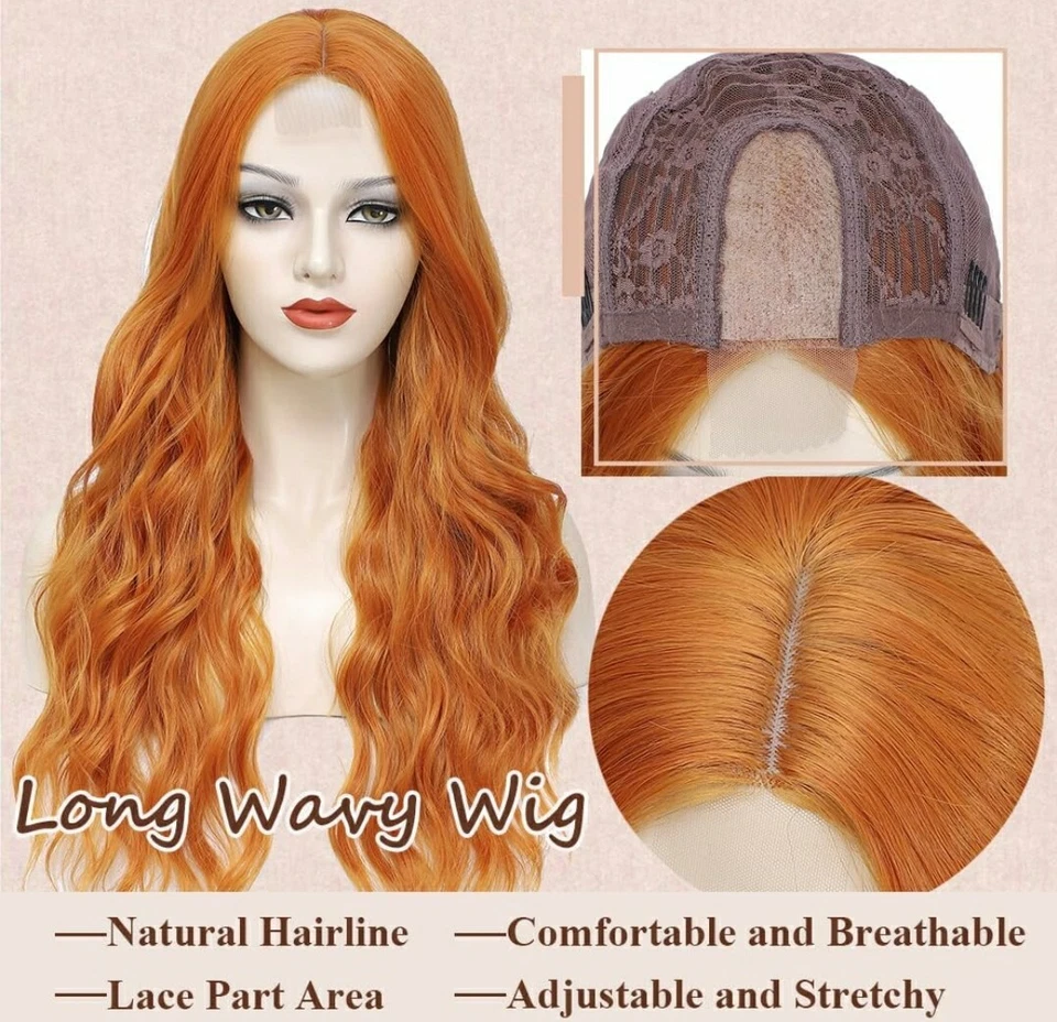 Long HD Transparent Lace Front Wig Auburn Red Red Blonde Human Hair Wavy Curls - Image 2 of 4