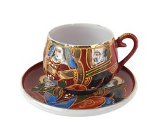 Japanese Lithophane Cup & Saucer Red Moriage Immortals Secret Geisha Girl