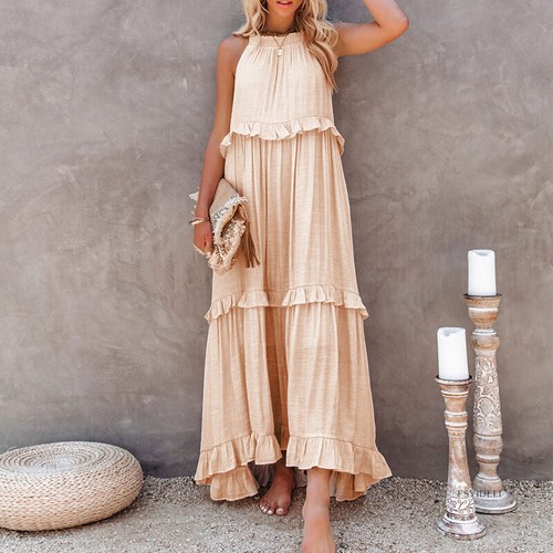 Women Summer Long Maxi Dress Sleeveless Tiered Agaric Laces Sundress Holidays - Picture 21 of 24