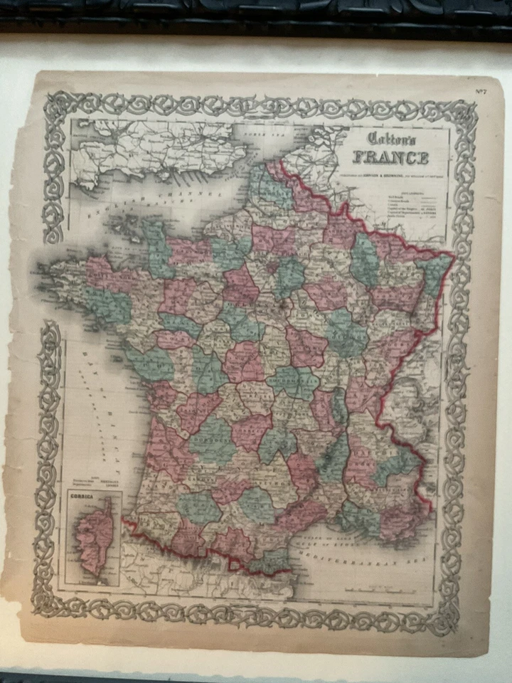 Оригинальная антикварная карта Франции 1855 г. от Colton в профессиональной рамке 22x24 дюйма - Изображение 3 из 4