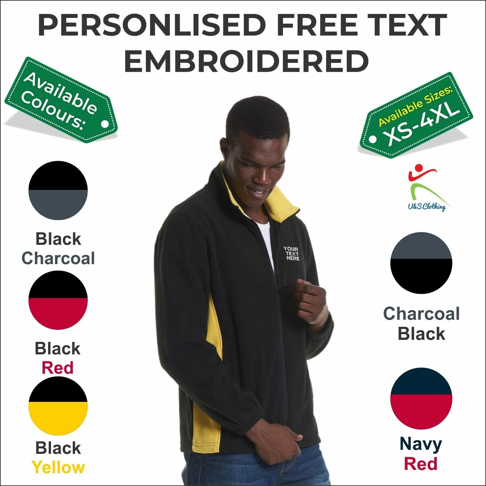 Personalised Embroidered Uneek Two Tone Full Zip Workwear Fleece Jacket XS-4XL