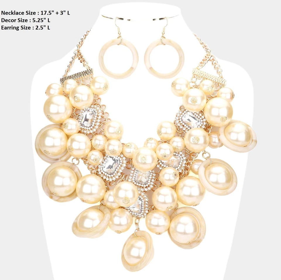 Gargantilla babero grueso oro crema perlas múltiples cuentas cristal capas collar pendientes