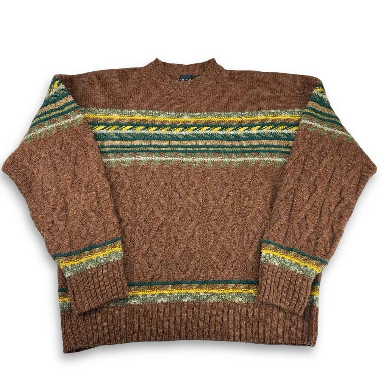 Vtg Cosby Grungy Patterned Wool Knit Jumper Sweater, Brown, Large (SWT1475)