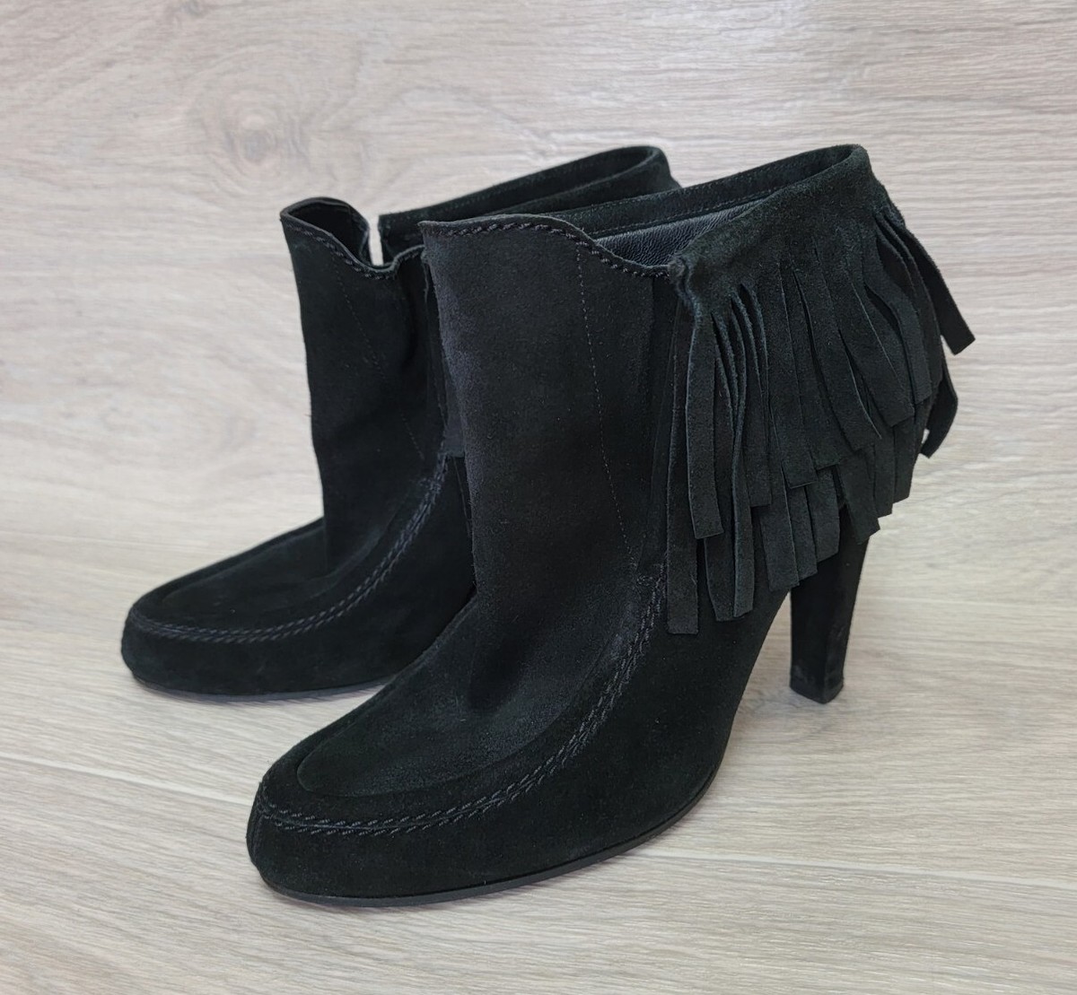 GUCCI Black Suede Leather Fringe Ankle Boots Heel Moccasins 209459