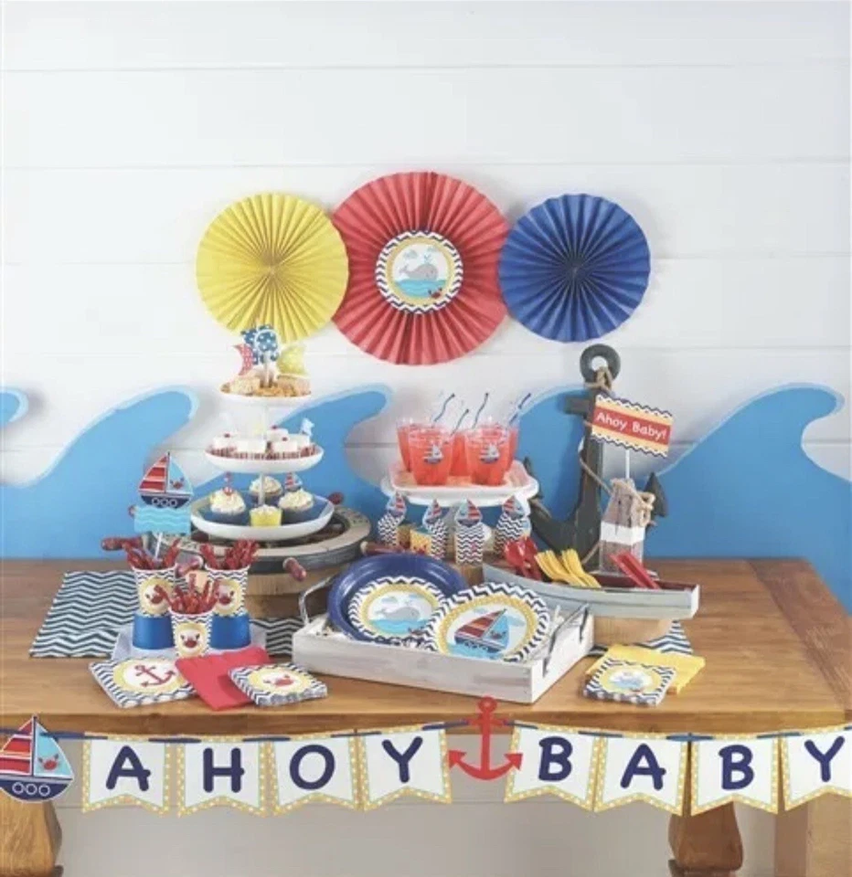 Banner para decoração de festa chá de bebê fofo veleiro animais oceânicos Ahoy Matey - Imagem 2 de 2