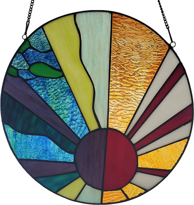 12.75'' H Earth Elements Stained Glass Window Panel Suncatcher, Orange, Blue, Yel